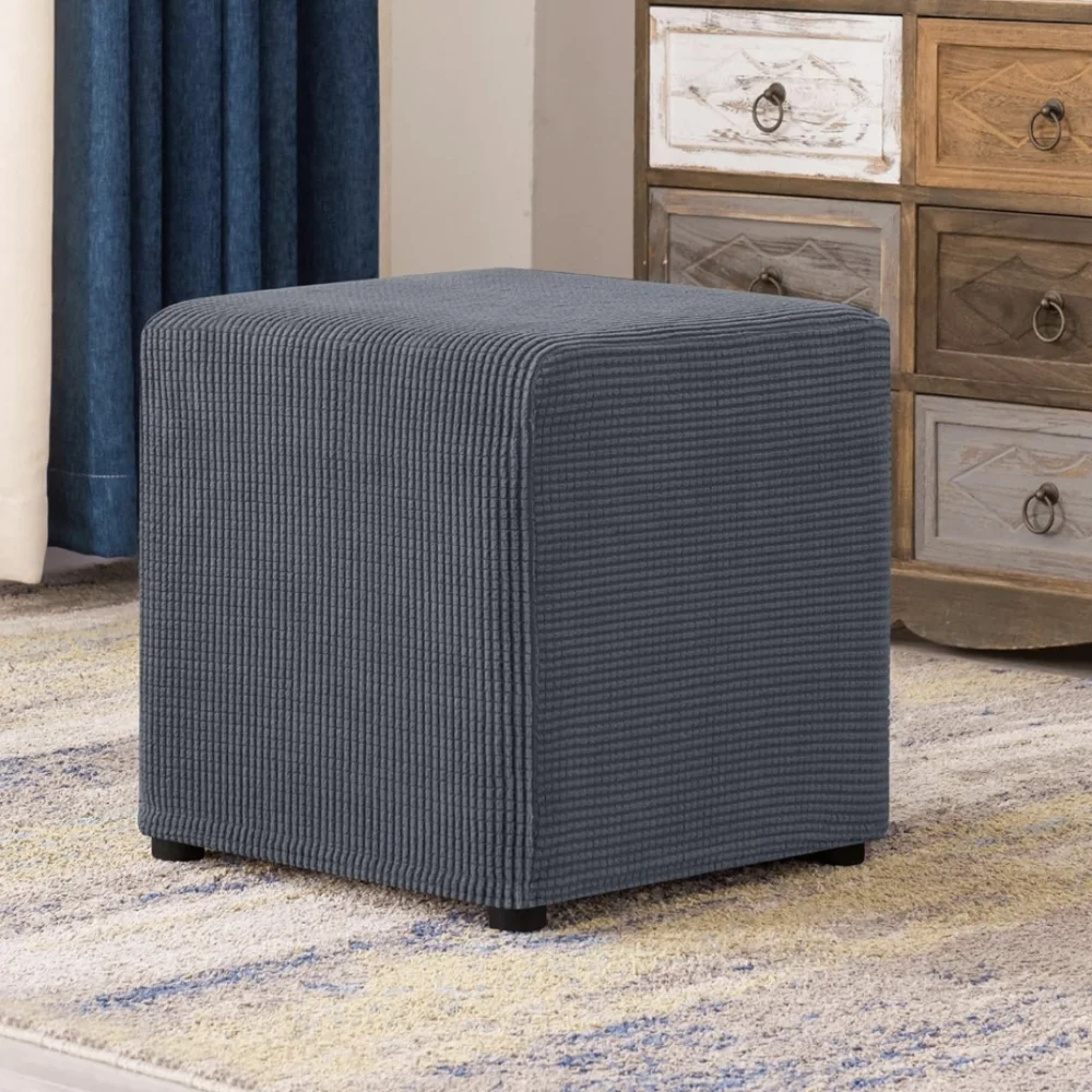 CHUN YI Gray Stretch Ottoman Slipcover Square Storage Stool Cover Elastic SMALL
